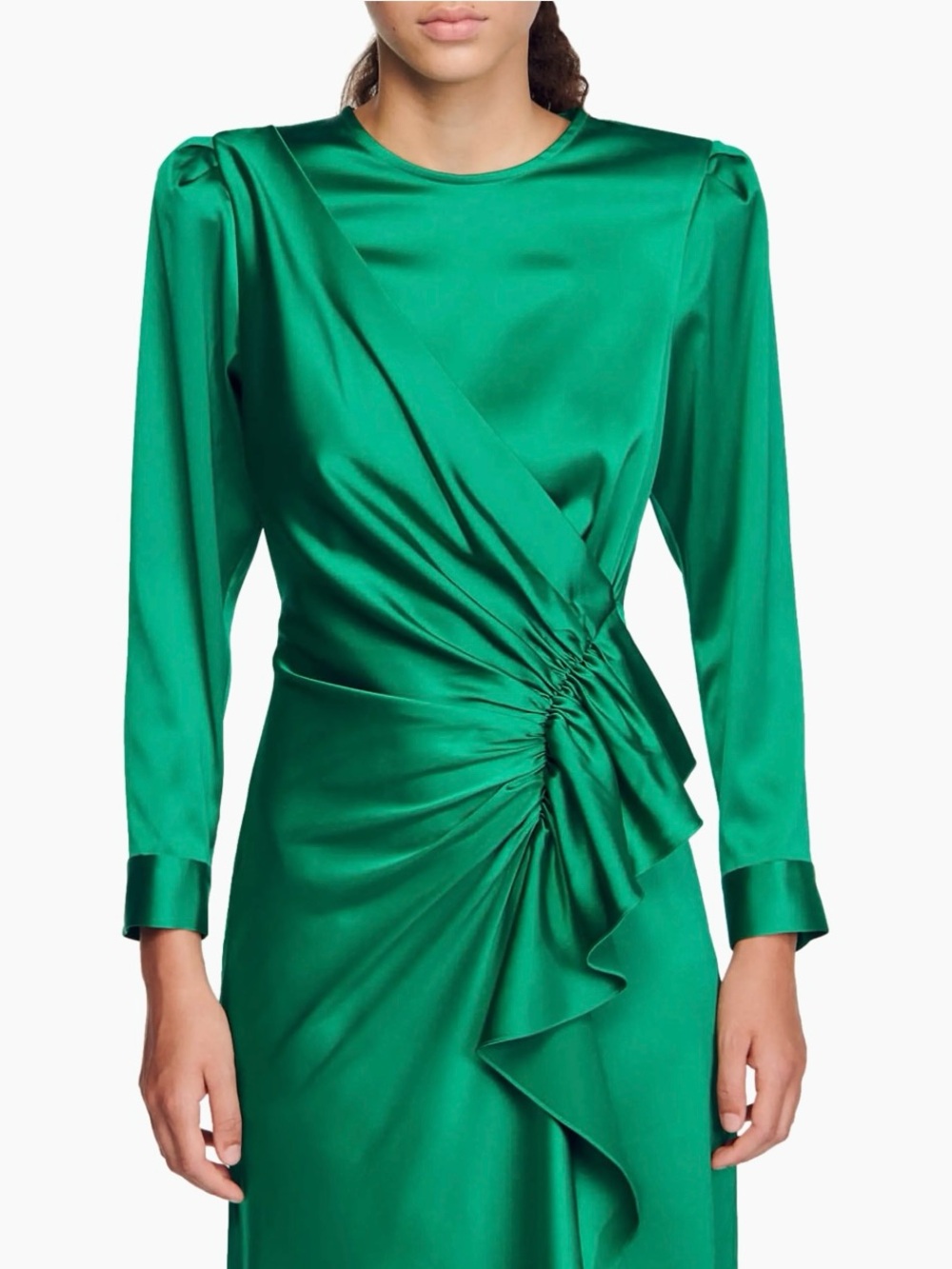 Sandro Emerald Green Long-Sleeve Ruffle Midi Dress